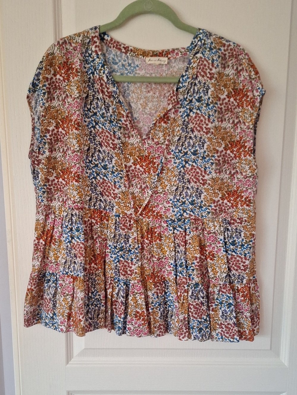 Jane and Delancey Floral Tiered V-Neck Top - Pink, Blue, Mustard, Cream